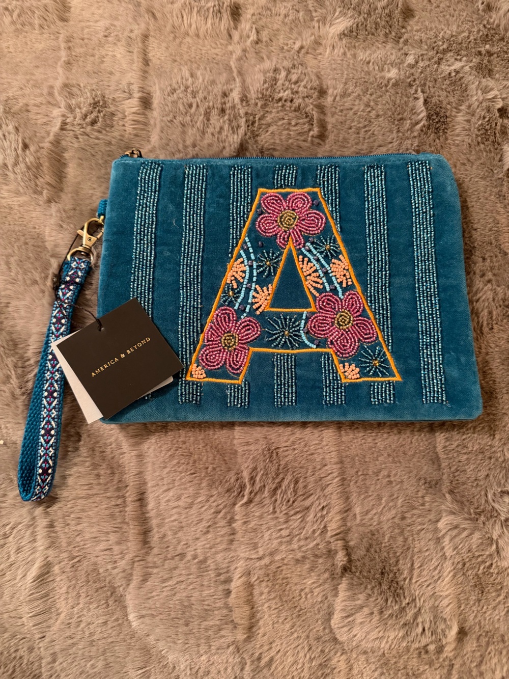 Beautiful America & Beyond Teal Embroidered Initial “A” Wristlet Cosmetic Pouch
